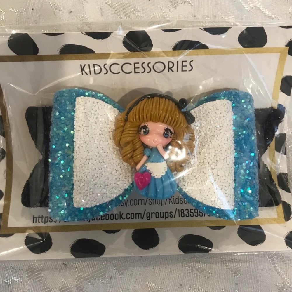 Kids Accessories Blue & White Glitter Bow Hair Clip with Doll Accent